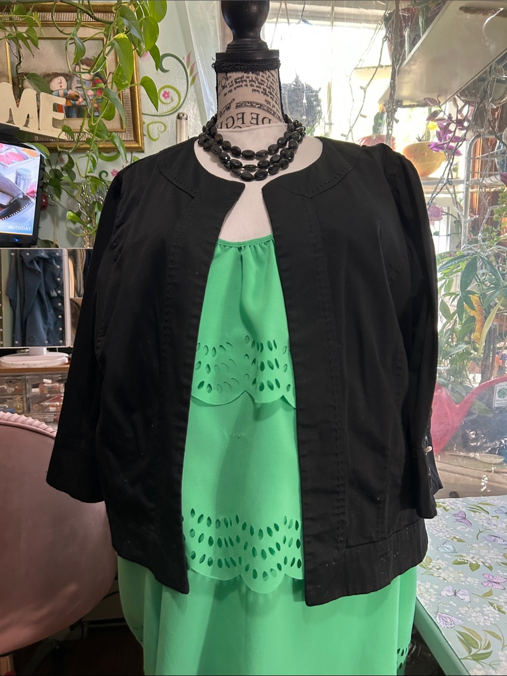 dressbarn Black Open-Front Jacket with Three-Quarter Sleeves